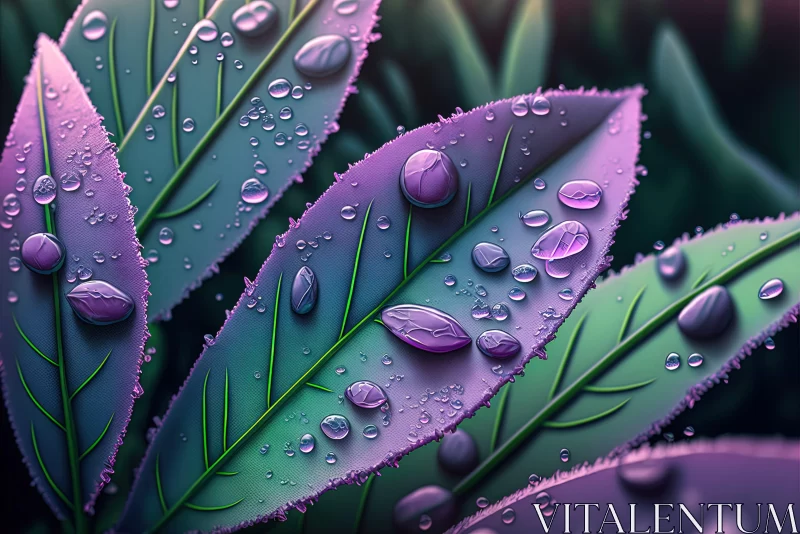 Purple Water Drops on Leaves: A Study in Nature Photography AI Image