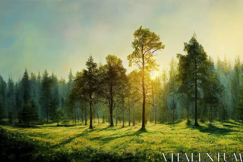 Serene Pastoral Painting of a Lush Pine Forest at Sunset AI Image