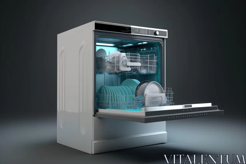 3D Rendered Dishwasher with White Dishes in Kitchen AI Image