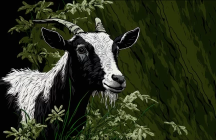 Black and White Goat in Green Woods - A Tribute to Himalayan Art