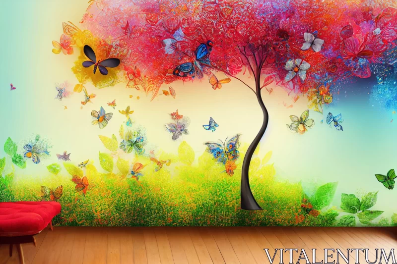 Colorful Tree and Butterfly Mural - Abstract Art AI Image