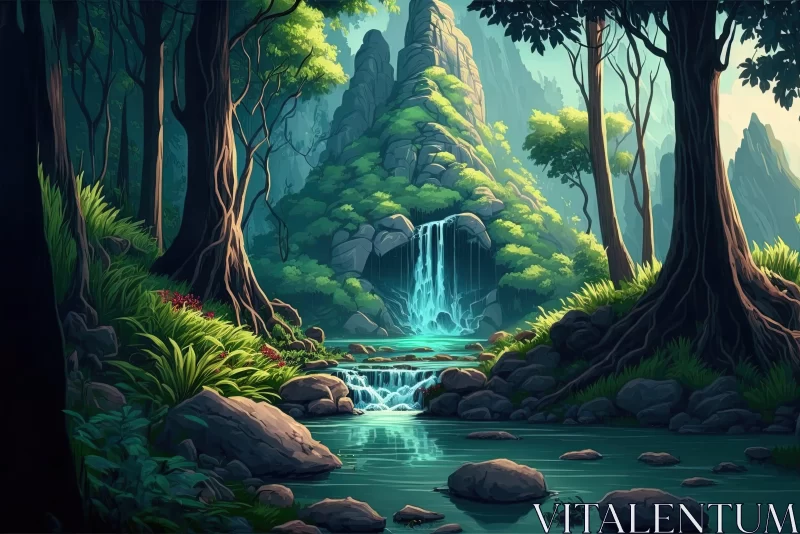 Enchanting Waterfall in Forest: A Colorful Animation Style Artwork AI Image