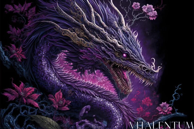 AI ART Purple Dragon Amidst Flowers - Traditional Chinese Inspired Art