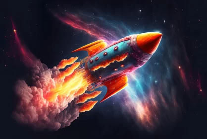 Rocket Ship in Space - A Colorful Realism Artwork AI Image