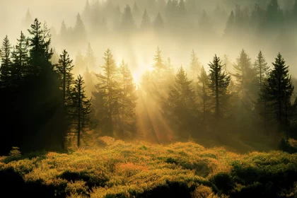 Sunlit Foggy Forest Landscape - A Showcase of Nature's Beauty