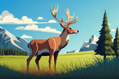 Animated Deer in the Mountain Landscape - Bold Illustration