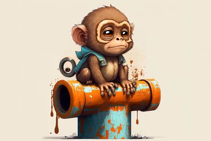 Cartoonish Monkey on Pipe - Playful Gadgetpunk Art AI Image