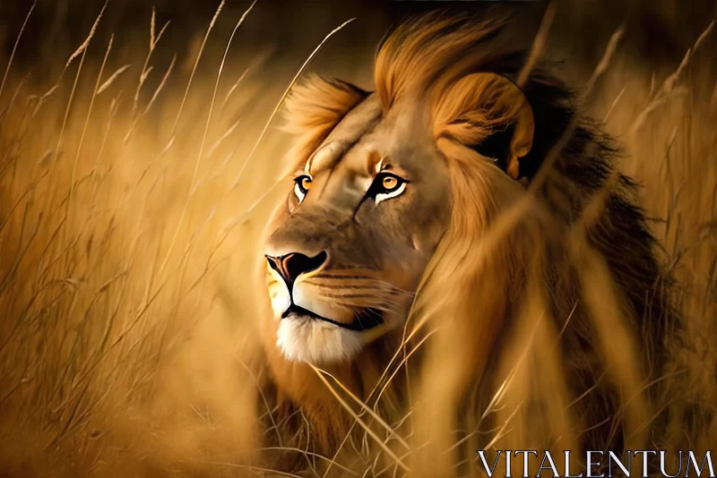 Realistic Lion in Grass - Precisionist Art in Amber Hues AI Image