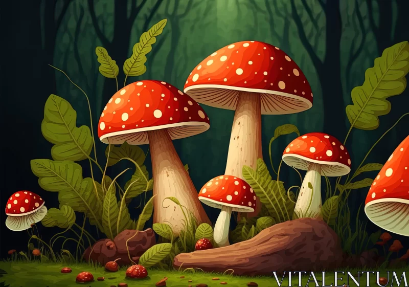 Detailed Cartoon Illustration of Red Mushrooms in Forest AI Image