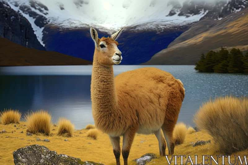 Llama by a Lake: A Vivid and Saturated Photomontage AI Image