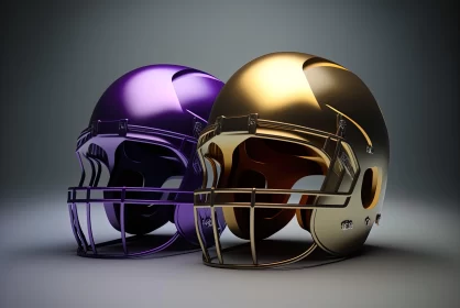 Monochromatic Depth in Gold and Purple Football Helmets AI Image