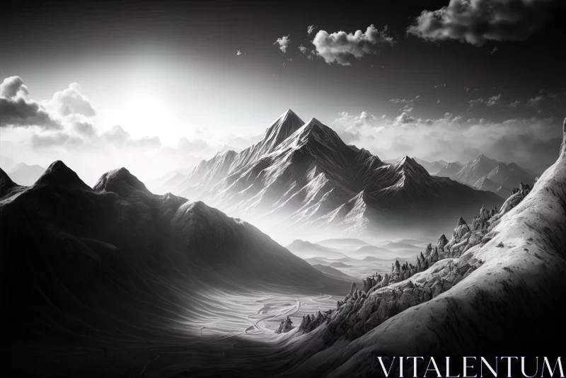 Monochromatic Mountain Scene in Realistic Fantasy Style AI Image
