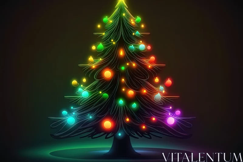 Neon Lit Christmas Tree Against Dark Background AI Image