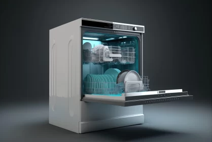 3D Rendered Dishwasher with White Dishes in Kitchen