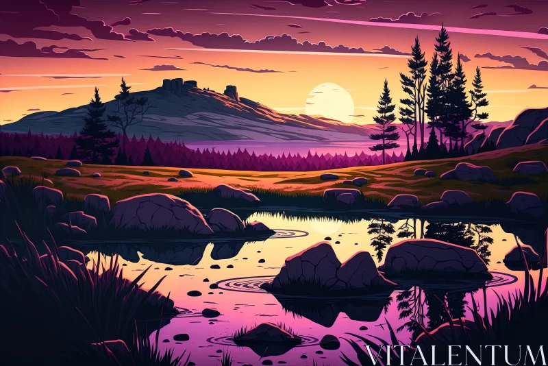 Captivating Mountain Landscape and Pond in Dark Pink and Violet Hues AI Image