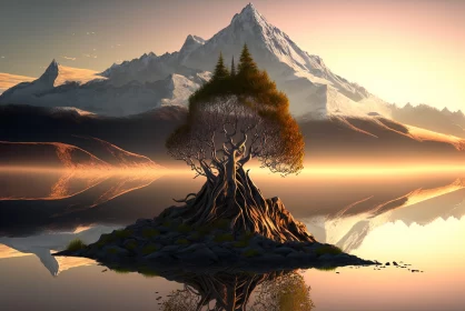 Surreal Wilderness: Tree Growing from Water Amidst Mountainous Vistas AI Image