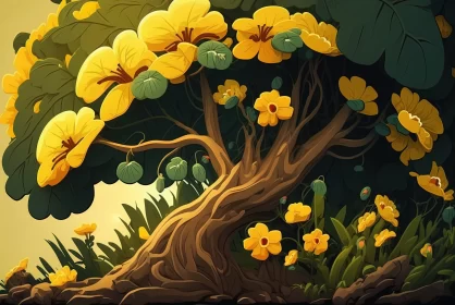 Exotic Fantasy Landscape with Cartoon Tree and Yellow Flowers AI Image