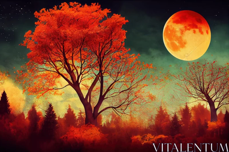 Romantic Autumn Landscape: Full Moon over Ethereal Trees AI Image