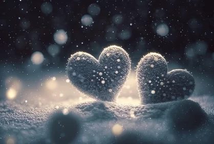 Romantic Winter Night: Two Hearts in the Snow AI Image