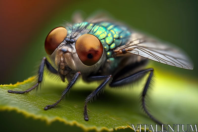 Intricate Fly Portrait with Blue Eyes on Leaf AI Image