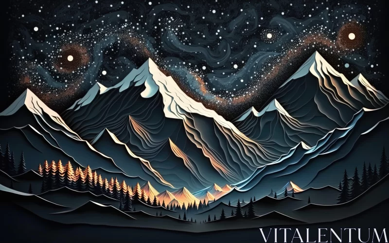 Paper Cut Artwork of Mountain Range under Starry Night AI Image