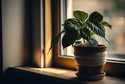 Potted Plant in Intense Light - A Play of Earth Tones and Shadows