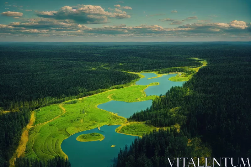 Romantic Aerial Landscape: Grassy Fields and Trees by a Green River AI Image