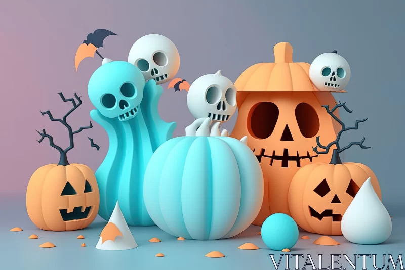 3D Halloween Scene with Playful Skulls and Pumpkins AI Image