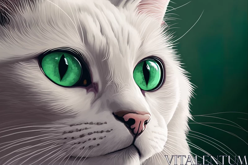 Mesmerizing White Cat with Green Eyes - Digital Art Illustration AI Image