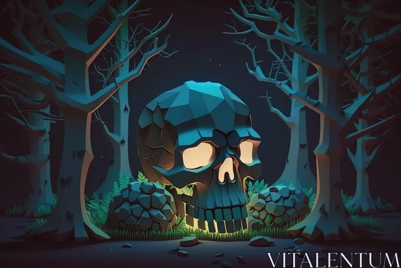 Night Forest Mystery: Skull amidst Stone Sculptures AI Image