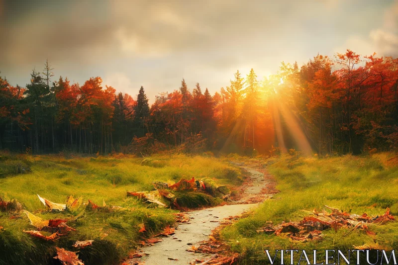 Serene Autumn Pathway in a Forest Landscape AI Image