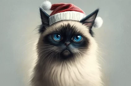 Siamese Cat in Christmas Hat - Detailed Realism Art