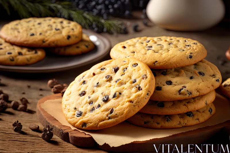 Festive Chocolate Chip Cookies on Wooden Board AI Image