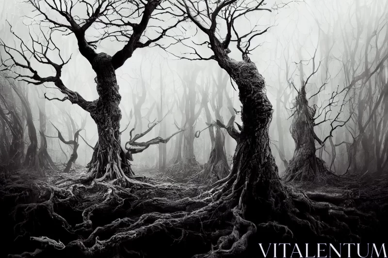 Gothic Forest Scene with Exposed Root Trees AI Image