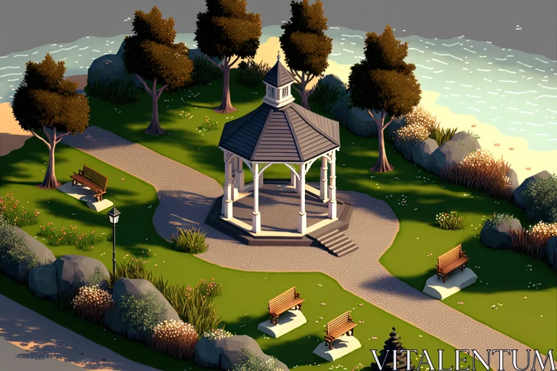 Romantic Park with Gazebo: Nautical Detail and 2D Game Art AI Image