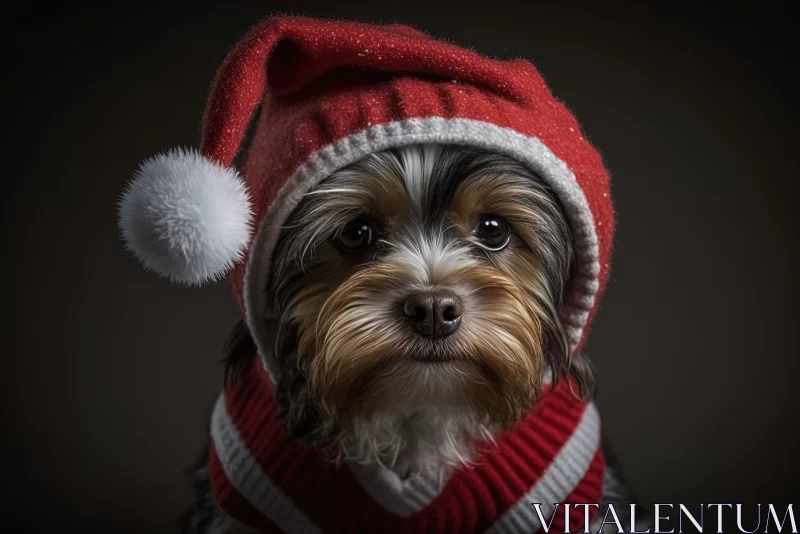 Festive Yorkshire Terrier in Santa Hat: A Studio Portrait AI Image
