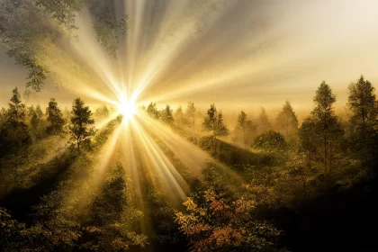 Sunrise through Fog in Forest - A Celebration of Nature AI Image