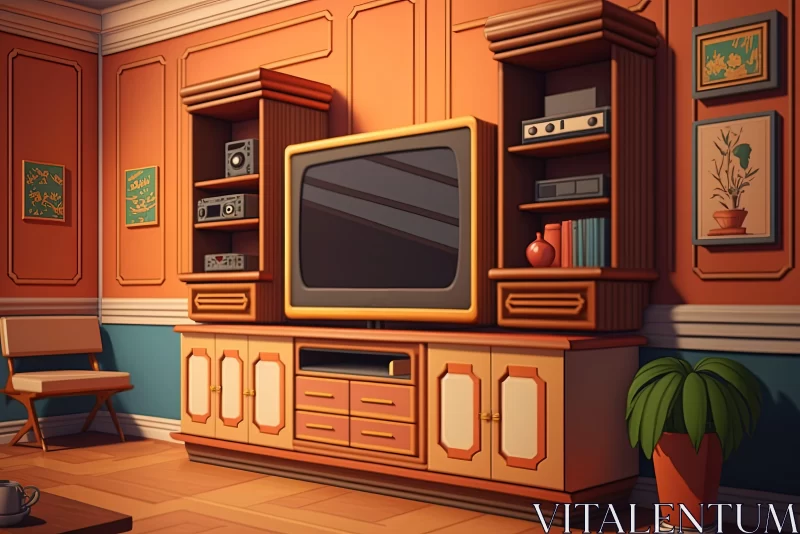 Vintage Living Room Scene in Cartoon-Realistic Style AI Image