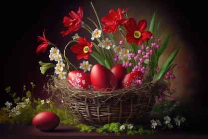 Easter Celebration: Red Eggs and Floral Basket AI Image