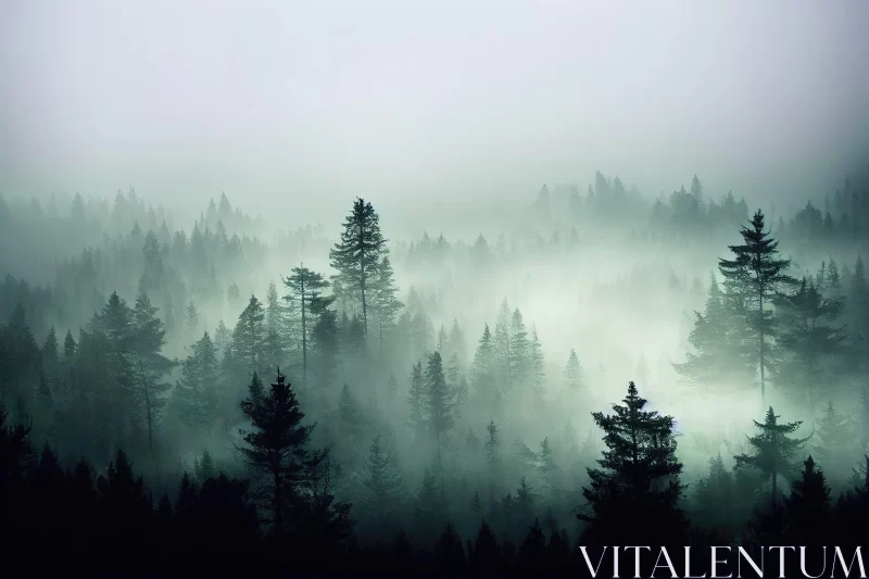Ethereal Forest Landscape with Fog and Pine Trees AI Image