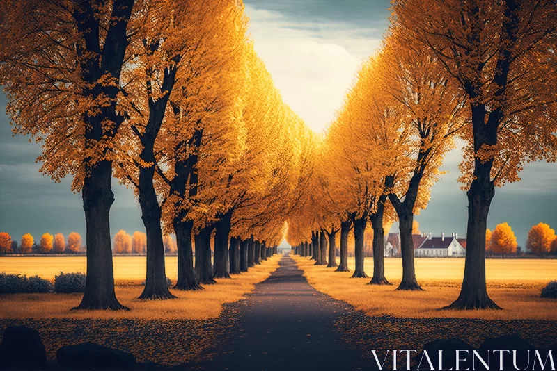 Idyllic Autumn Landscape in Art Deco Style AI Image