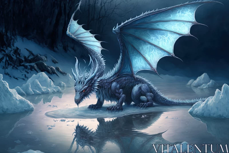 Blue Dragon on Ice - A Hauntingly Beautiful Night Scene AI Image
