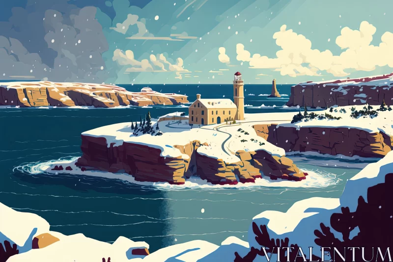 Lighthouse Amidst Snow-Covered Terrain: A Nostalgic Artistic Representation AI Image