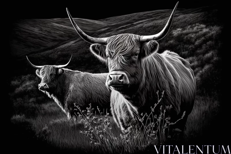 Monochrome Highland Bulls: An Artistic Representation AI Image