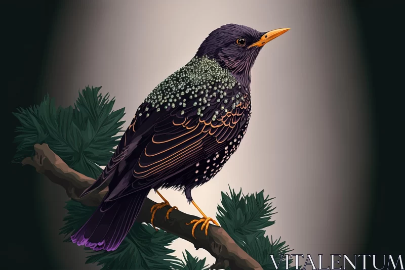 Starling on a Tree Branch: A Detailed Illustration in Nature AI Image