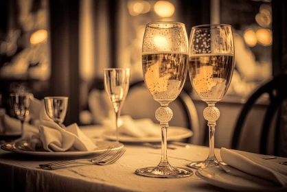 Elegant Champagne Glasses on a Romantic Table Setting AI Image