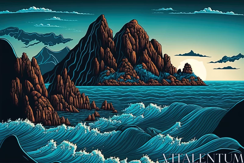 Mountain and Ocean Sunset - A Graphic Rock-Inspired Artwork AI Image
