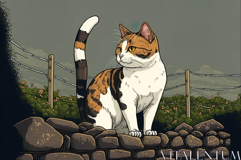 Cartoon Realism Cat on Stone Wall - Traditional Japanese Rural Landscapes AI Image