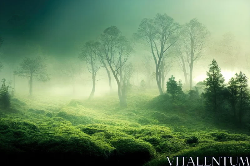 Ethereal Fantasy Landscape: A Misty Field in Emerald Greens AI Image