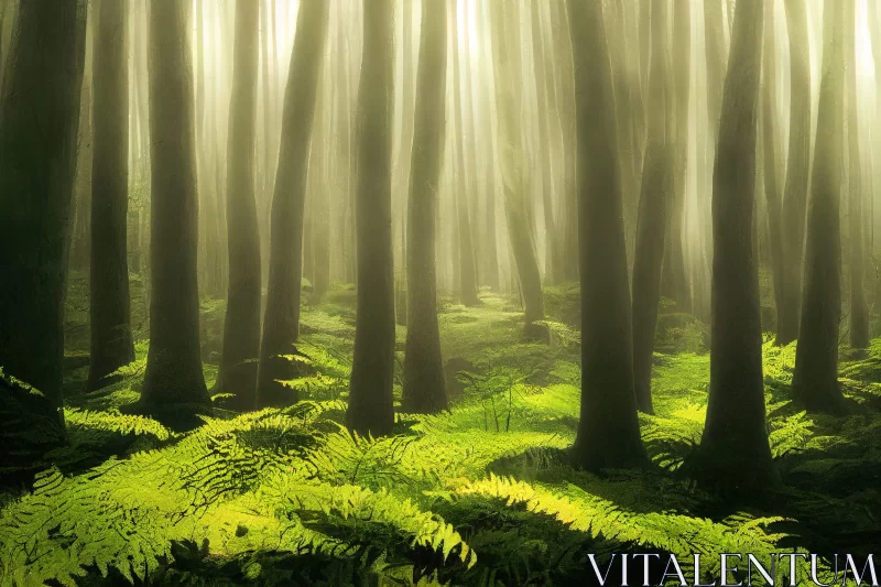 Luminous Fern Forest in Mist: A Soothing Landscape AI Image